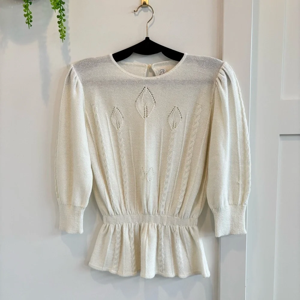 Vintage 70's Savion by Ignacy Feuer Cream Women's Knit Skirt Set Peplum Size 10